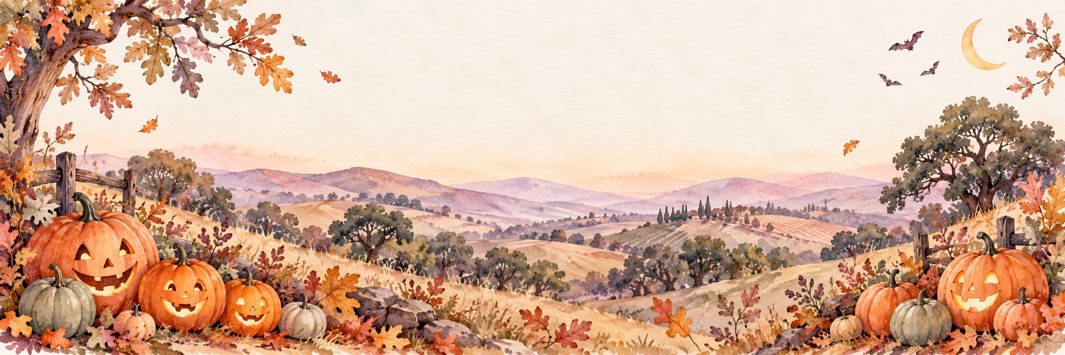 Watercolor pumpkins and Central Coast hills